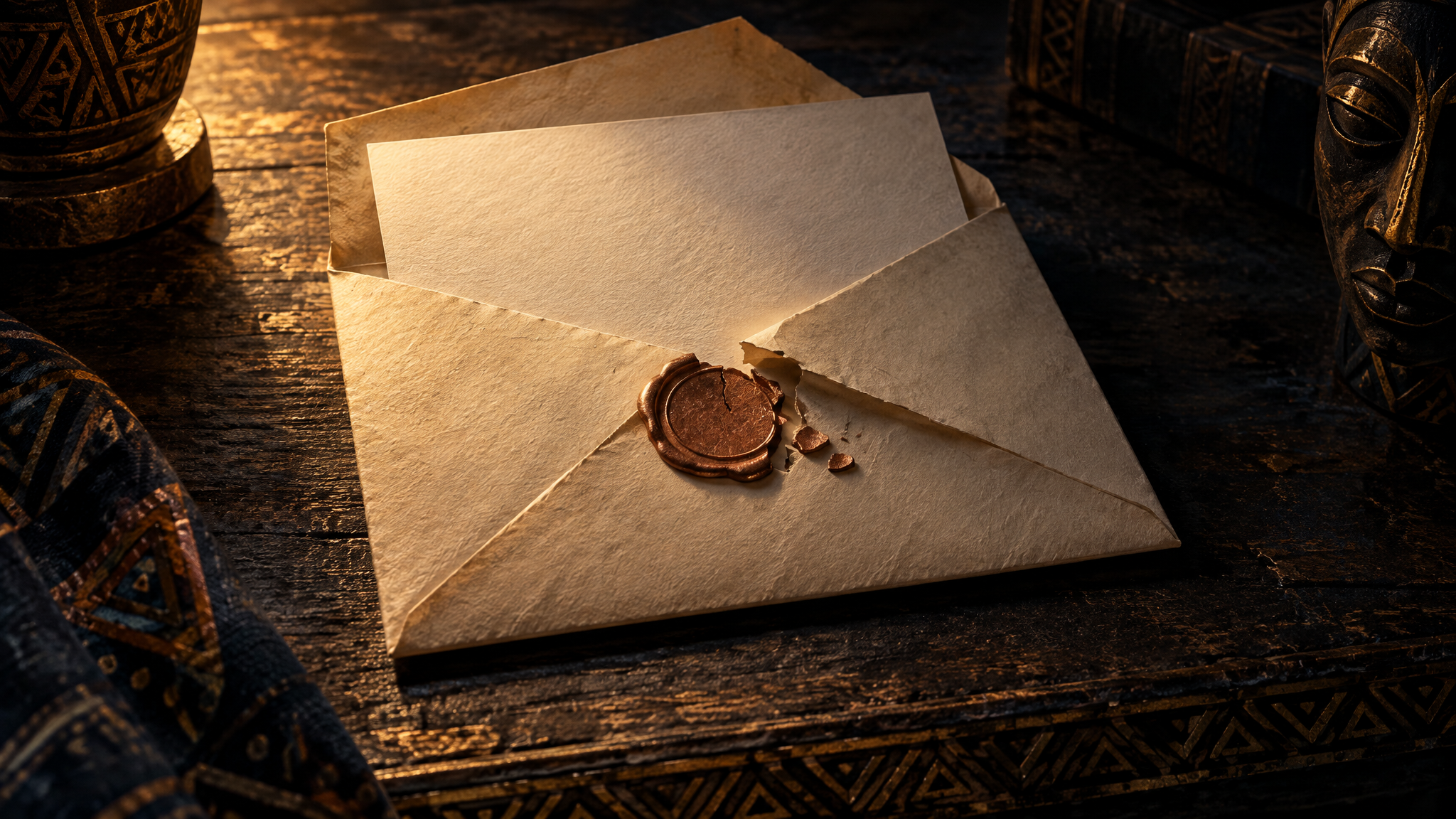 A sealed envelope with broken wax seal on a dark wooden table, amber and copper light, African geometric elements in the background