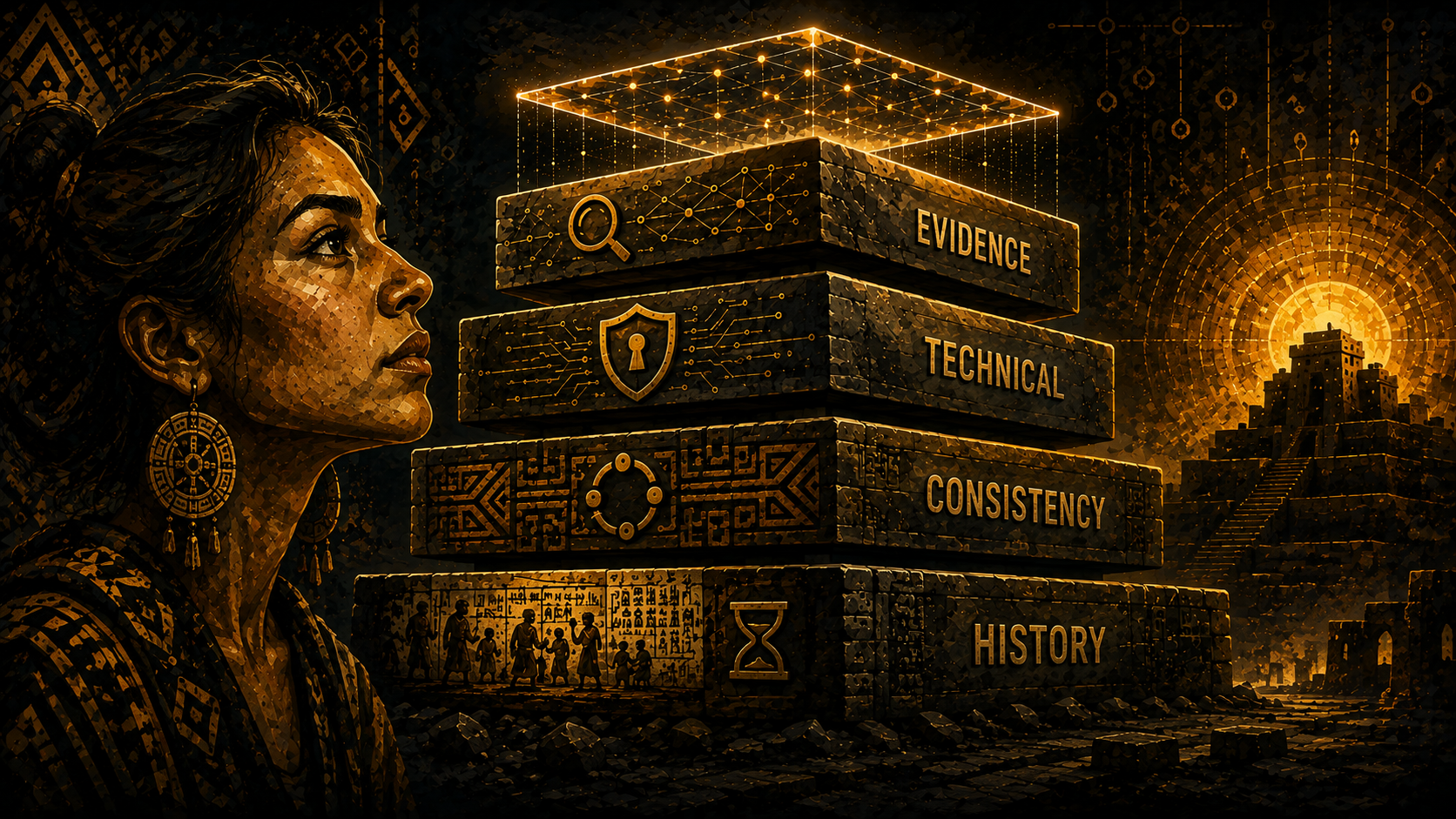 Four stacked layers: history, consistency, technical, evidence