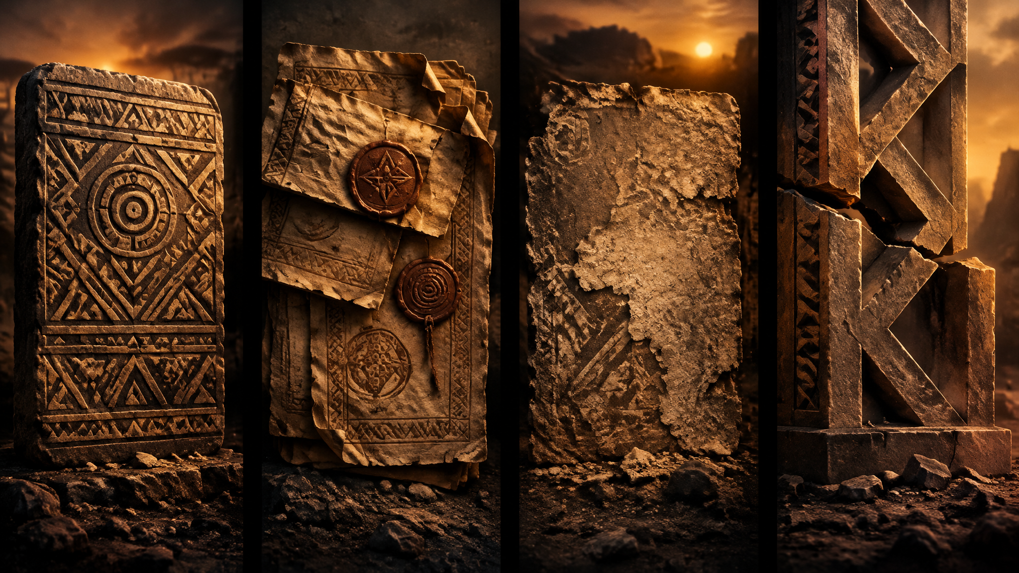 Four ancient carved stone tablets standing upright in a barren landscape at sunset, each bearing distinct geometric patterns representing distinct classes of trust evidence